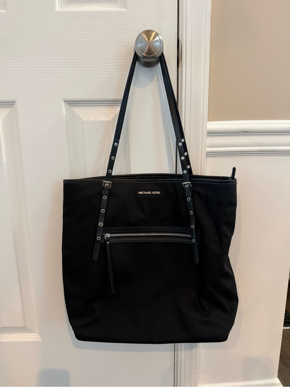MICHAEL KORS Black Nylon Tote with Front Zip Pocket and Studded Straps